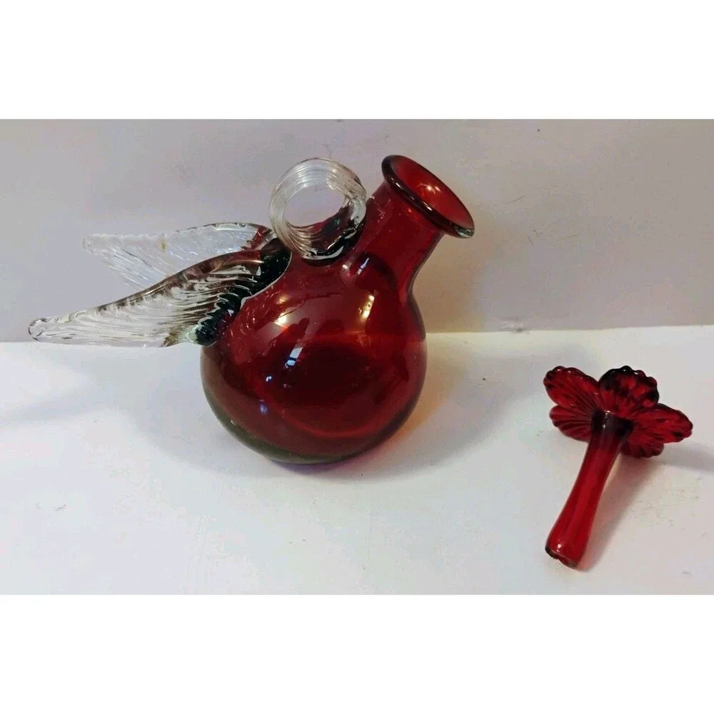 Vtg Pilgrim Glass Ruby Red Bird Pitcher Cruet Applied Clear Wing Handle Parasol